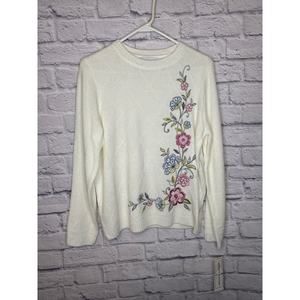 Alfred Dunner Ivory Womens Swiss Chalet Sweater Beaded Embroidered Floral SM NWT